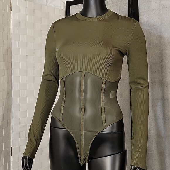 BRAND NEW LONG SLEEVES MESH INSERT HIGH NECK SOLID SHEER THONG SNAP BODYSUIT - Picture 11 of 15